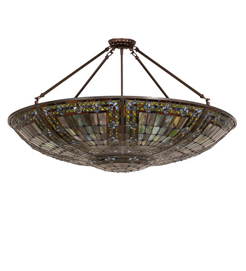 Meyda Lighting Fleur-de-lis 40" 8-Light Mahogany Bronze Semi-flush Mount Light With Multi-Colored Stained Shade Glass