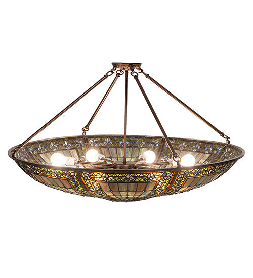 Meyda Lighting Fleur-de-lis 40" 8-Light Mahogany Bronze Semi-flush Mount Light With Multi-Colored Stained Shade Glass
