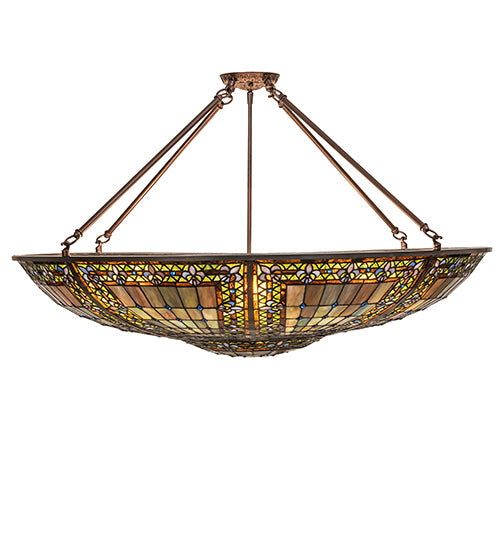 Meyda Lighting Fleur-de-lis 40" 8-Light Mahogany Bronze Semi-flush Mount Light With Multi-Colored Stained Shade Glass