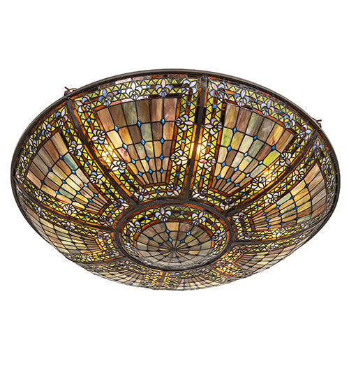 Meyda Lighting Fleur-de-lis 40" 8-Light Mahogany Bronze Semi-flush Mount Light With Multi-Colored Stained Shade Glass