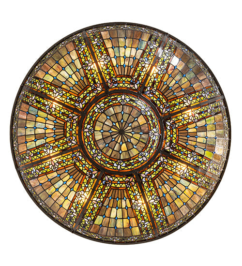 Meyda Lighting Fleur-de-lis 40" 8-Light Mahogany Bronze Semi-flush Mount Light With Multi-Colored Stained Shade Glass