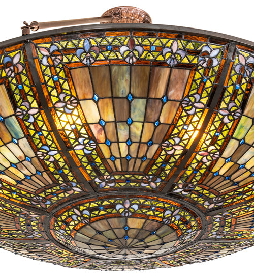 Meyda Lighting Fleur-de-lis 40" 8-Light Mahogany Bronze Semi-flush Mount Light With Multi-Colored Stained Shade Glass