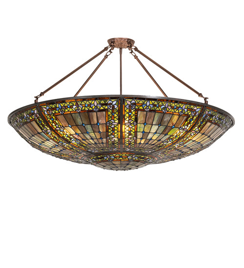 Meyda Lighting Fleur-de-lis 40" 8-Light Mahogany Bronze Semi-flush Mount Light With Multi-Colored Stained Shade Glass