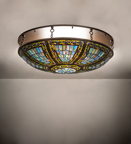 Meyda Lighting Fleur-de-lis 40" 8-Light Oil Rubbed Bronze Flush Mount Light With Multi-Colored Shade Glass