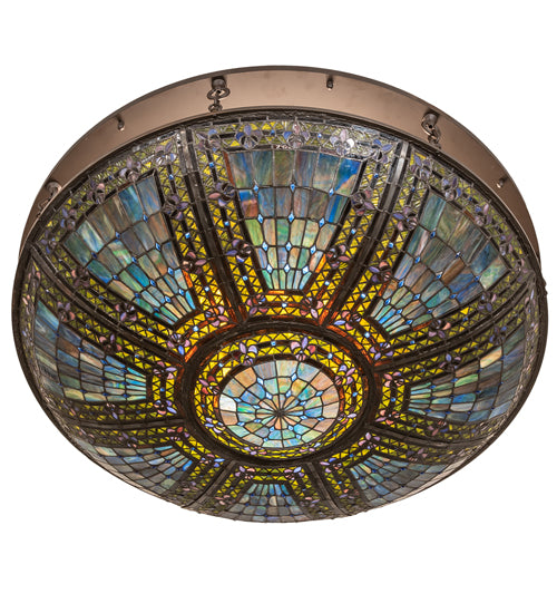 Meyda Lighting Fleur-de-lis 40" 8-Light Oil Rubbed Bronze Flush Mount Light With Multi-Colored Shade Glass