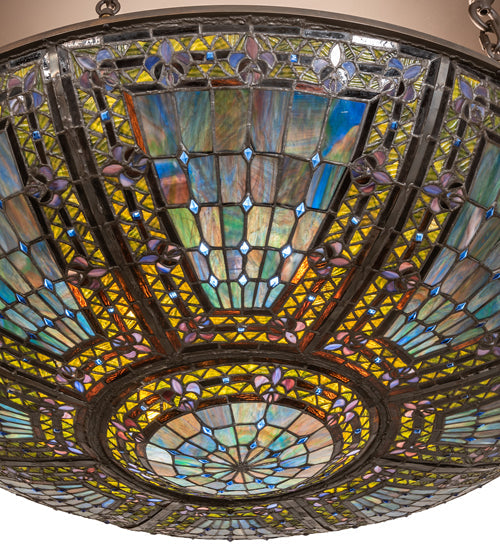 Meyda Lighting Fleur-de-lis 40" 8-Light Oil Rubbed Bronze Flush Mount Light With Multi-Colored Shade Glass