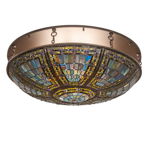 Meyda Lighting Fleur-de-lis 40" 8-Light Oil Rubbed Bronze Flush Mount Light With Multi-Colored Shade Glass