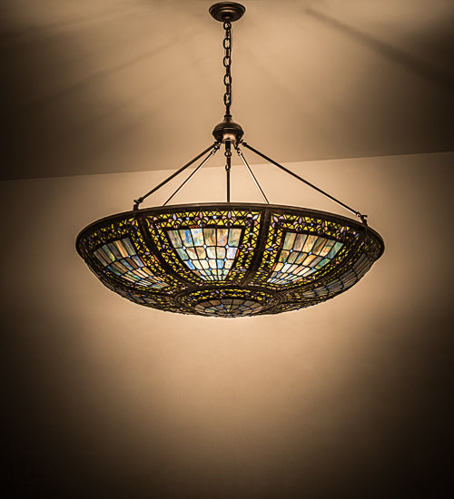 Meyda Lighting Fleur-de-lis 40" 9-Light Mahogany Bronze Inverted Pendant Light With Multi-Colored Shade Glass