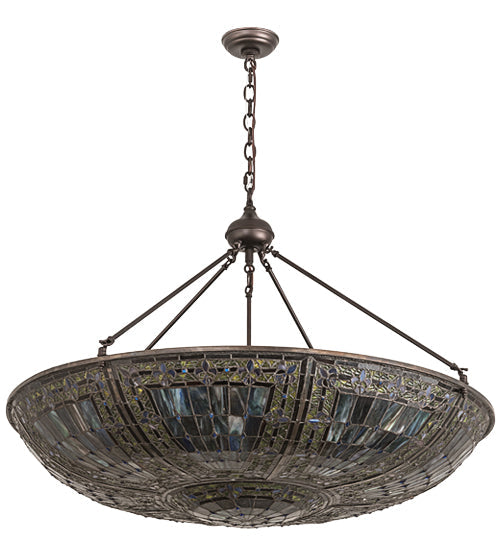 Meyda Lighting Fleur-de-lis 40" 9-Light Mahogany Bronze Inverted Pendant Light With Multi-Colored Shade Glass