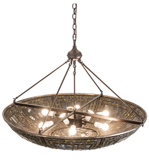 Meyda Lighting Fleur-de-lis 40" 9-Light Mahogany Bronze Inverted Pendant Light With Multi-Colored Shade Glass