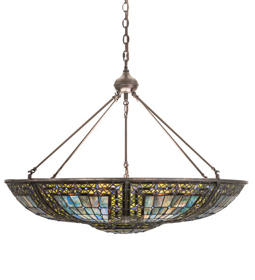 Meyda Lighting Fleur-de-lis 40" 9-Light Mahogany Bronze Inverted Pendant Light With Multi-Colored Shade Glass