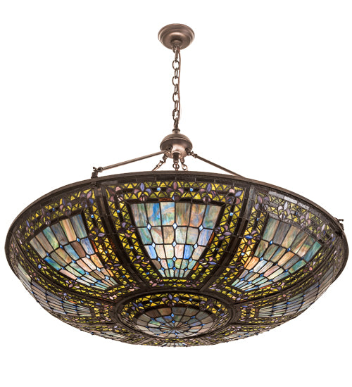 Meyda Lighting Fleur-de-lis 40" 9-Light Mahogany Bronze Inverted Pendant Light With Multi-Colored Shade Glass