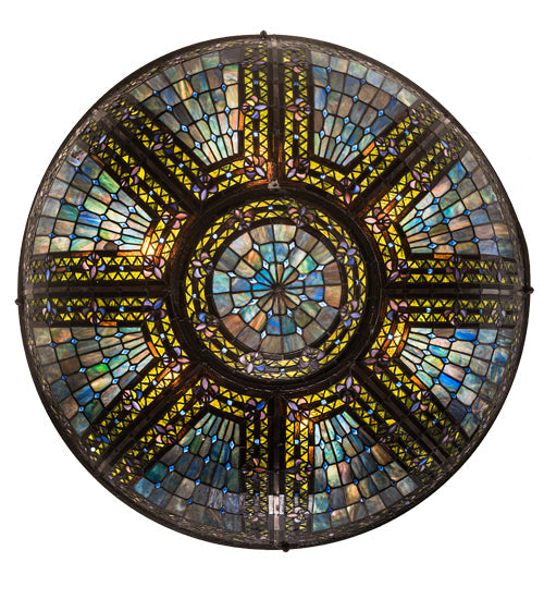 Meyda Lighting Fleur-de-lis 40" 9-Light Mahogany Bronze Inverted Pendant Light With Multi-Colored Shade Glass