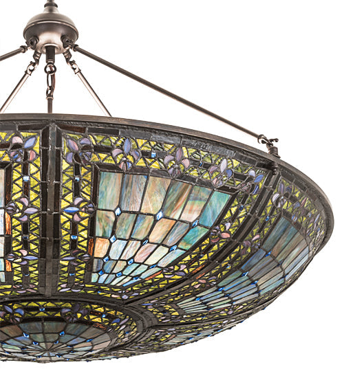 Meyda Lighting Fleur-de-lis 40" 9-Light Mahogany Bronze Inverted Pendant Light With Multi-Colored Shade Glass