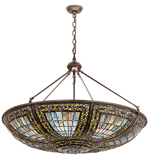 Meyda Lighting Fleur-de-lis 40" 9-Light Mahogany Bronze Inverted Pendant Light With Multi-Colored Shade Glass
