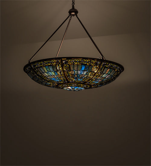 Meyda Lighting Fleur-de-lis 41" 8-Light Mahogany Bronze Pendant Light With Multi-Colored Shade Glass