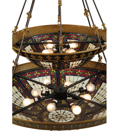 Meyda Lighting Fleur-de-lis 44" 16-Light 2-Tier Mahogany Bronze & Antique Gold Accent Inverted Pendant Light With Multi-Colored Shade Glass
