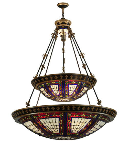 Meyda Lighting Fleur-de-lis 44" 16-Light 2-Tier Mahogany Bronze & Antique Gold Accent Inverted Pendant Light With Multi-Colored Shade Glass
