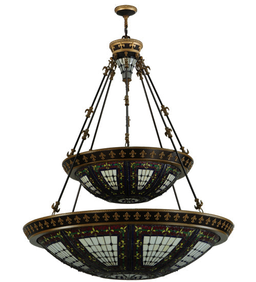 Meyda Lighting Fleur-de-lis 44" 16-Light 2-Tier Mahogany Bronze & Antique Gold Accent Inverted Pendant Light With Multi-Colored Shade Glass