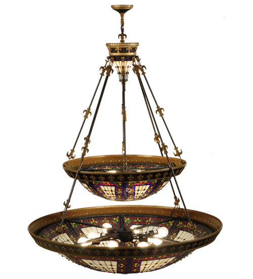 Meyda Lighting Fleur-de-lis 44" 16-Light 2-Tier Mahogany Bronze & Antique Gold Accent Inverted Pendant Light With Multi-Colored Shade Glass