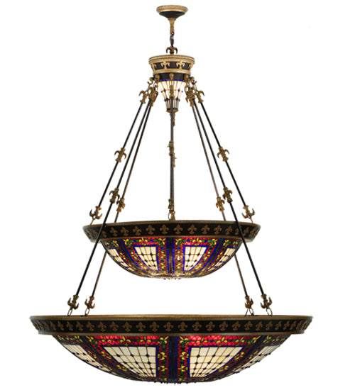Meyda Lighting Fleur-de-lis 44" 16-Light 2-Tier Mahogany Bronze & Antique Gold Accent Inverted Pendant Light With Multi-Colored Shade Glass
