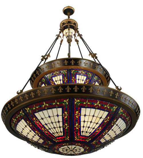 Meyda Lighting Fleur-de-lis 44" 16-Light 2-Tier Mahogany Bronze & Antique Gold Accent Inverted Pendant Light With Multi-Colored Shade Glass