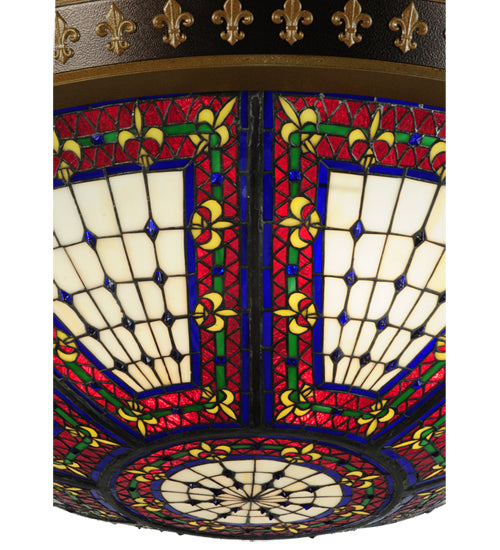 Meyda Lighting Fleur-de-lis 44" 16-Light 2-Tier Mahogany Bronze & Antique Gold Accent Inverted Pendant Light With Multi-Colored Shade Glass