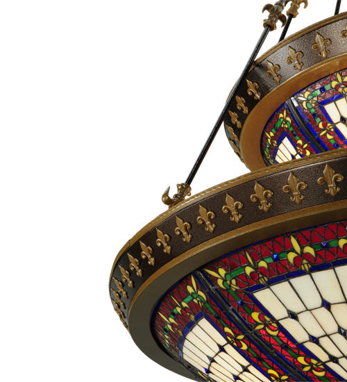 Meyda Lighting Fleur-de-lis 44" 16-Light 2-Tier Mahogany Bronze & Antique Gold Accent Inverted Pendant Light With Multi-Colored Shade Glass