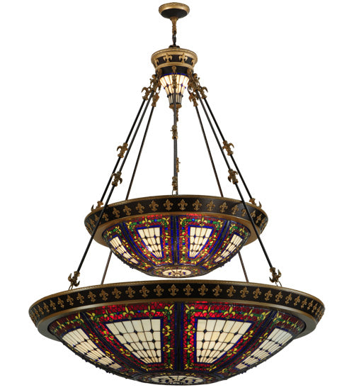 Meyda Lighting Fleur-de-lis 44" 16-Light 2-Tier Mahogany Bronze & Antique Gold Accent Inverted Pendant Light With Multi-Colored Shade Glass