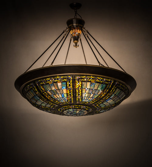 Meyda Lighting Fleur-de-lis 45" 10-Light Copper Vein & Gold Inverted Pendant Light With Multi-Colored Shade Glass