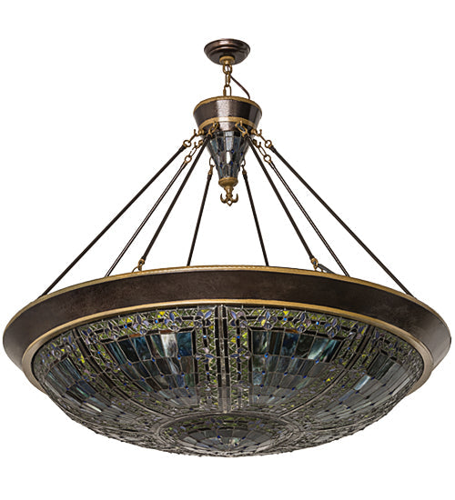 Meyda Lighting Fleur-de-lis 45" 10-Light Copper Vein & Gold Inverted Pendant Light With Multi-Colored Shade Glass