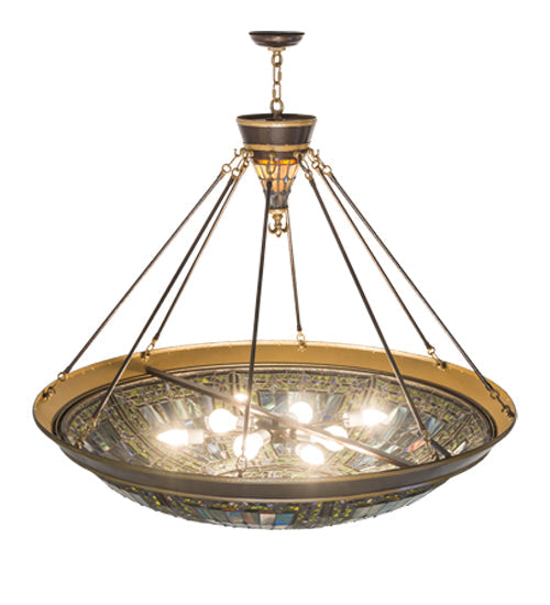 Meyda Lighting Fleur-de-lis 45" 10-Light Copper Vein & Gold Inverted Pendant Light With Multi-Colored Shade Glass
