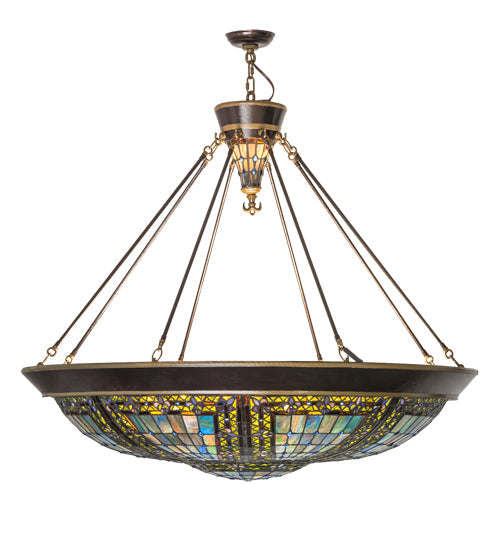 Meyda Lighting Fleur-de-lis 45" 10-Light Copper Vein & Gold Inverted Pendant Light With Multi-Colored Shade Glass