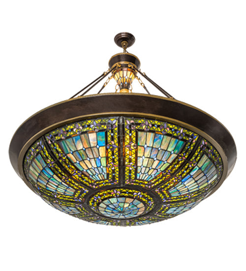 Meyda Lighting Fleur-de-lis 45" 10-Light Copper Vein & Gold Inverted Pendant Light With Multi-Colored Shade Glass