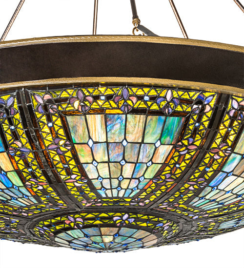 Meyda Lighting Fleur-de-lis 45" 10-Light Copper Vein & Gold Inverted Pendant Light With Multi-Colored Shade Glass