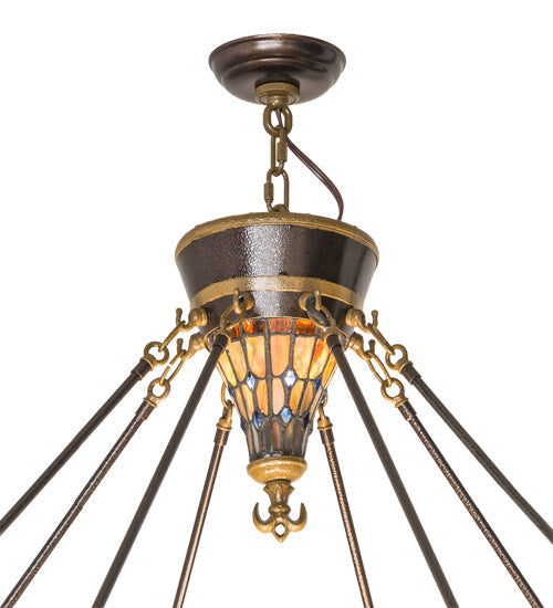 Meyda Lighting Fleur-de-lis 45" 10-Light Copper Vein & Gold Inverted Pendant Light With Multi-Colored Shade Glass