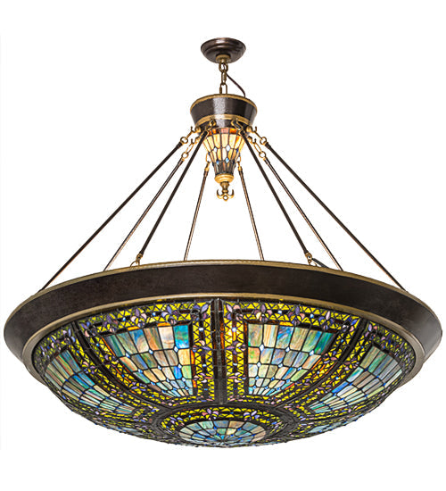 Meyda Lighting Fleur-de-lis 45" 10-Light Copper Vein & Gold Inverted Pendant Light With Multi-Colored Shade Glass