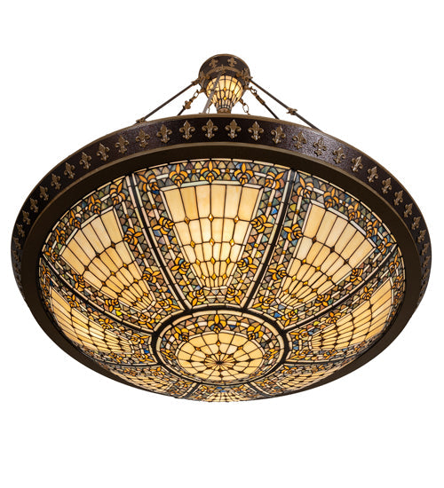 Meyda Lighting Fleur-de-lis 45" 10-Light Copper Vein & Gold Semi-flush Mount Light With Multi-Colored Stained Shade Glass