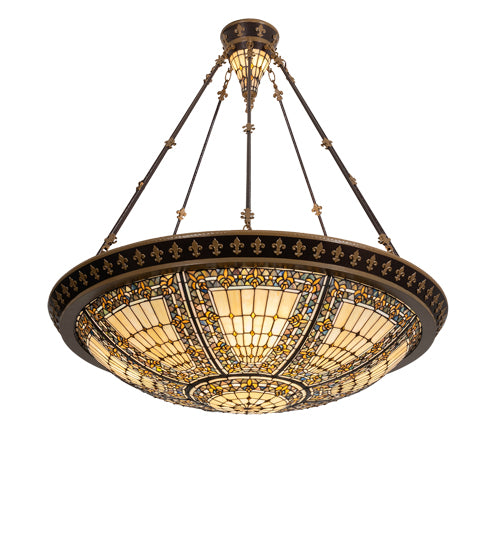 Meyda Lighting Fleur-de-lis 45" 10-Light Copper Vein & Gold Semi-flush Mount Light With Multi-Colored Stained Shade Glass