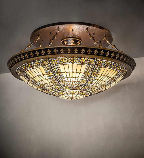 Meyda Lighting Fleur-de-lis 45" 10-Light Copper Vein & Gold Semi-flush Mount With Multi-Colored Stained Shade Glass