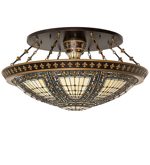 Meyda Lighting Fleur-de-lis 45" 10-Light Copper Vein & Gold Semi-flush Mount With Multi-Colored Stained Shade Glass
