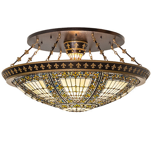 Meyda Lighting Fleur-de-lis 45" 10-Light Copper Vein & Gold Semi-flush Mount With Multi-Colored Stained Shade Glass