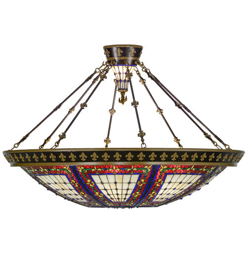 Meyda Lighting Fleur-de-lis 45" 10-Light Copper Vein Semi-flush Mount Ceiling Light With Multi-Colored Shade Glass