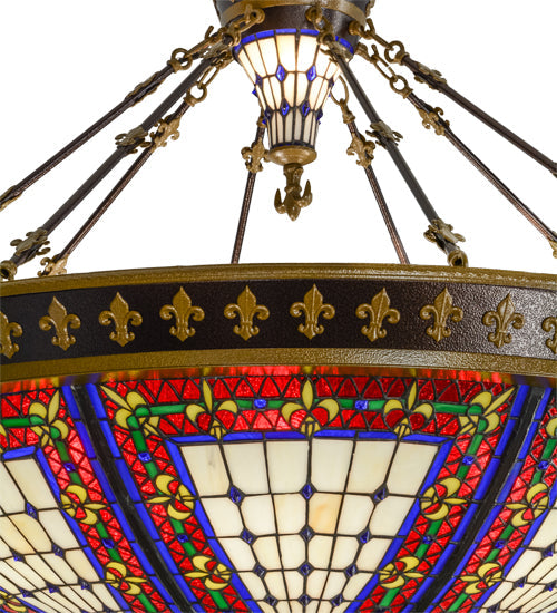 Meyda Lighting Fleur-de-lis 45" 10-Light Copper Vein Semi-flush Mount Ceiling Light With Multi-Colored Shade Glass