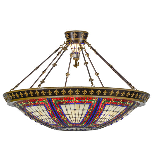 Meyda Lighting Fleur-de-lis 45" 10-Light Copper Vein Semi-flush Mount Ceiling Light With Multi-Colored Shade Glass