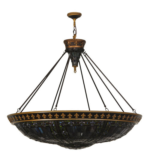 Meyda Lighting Fleur-de-lis 45" 10-Light Copper Vein and Gold Accents Inverted Pendant Light With Multi-Colored Shade Glass