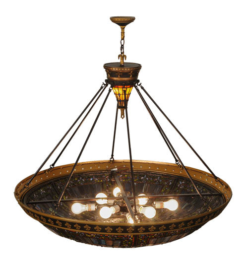 Meyda Lighting Fleur-de-lis 45" 10-Light Copper Vein and Gold Accents Inverted Pendant Light With Multi-Colored Shade Glass