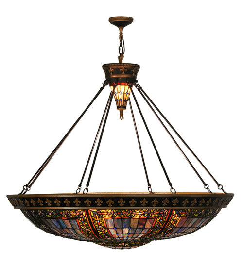 Meyda Lighting Fleur-de-lis 45" 10-Light Copper Vein and Gold Accents Inverted Pendant Light With Multi-Colored Shade Glass
