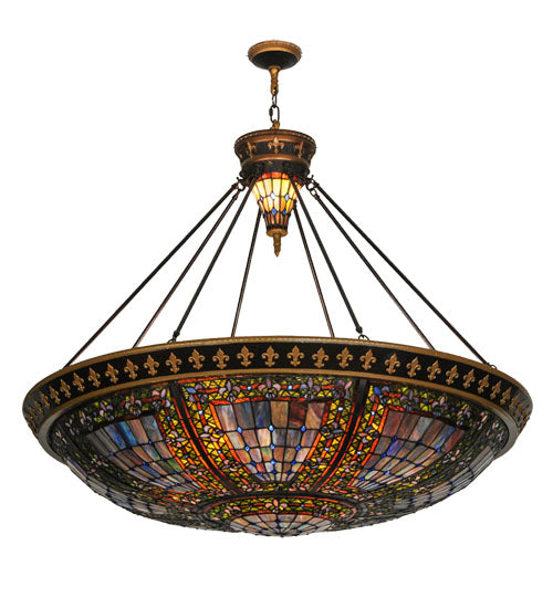 Meyda Lighting Fleur-de-lis 45" 10-Light Copper Vein and Gold Accents Inverted Pendant Light With Multi-Colored Shade Glass