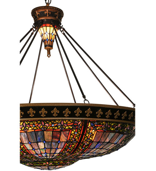 Meyda Lighting Fleur-de-lis 45" 10-Light Copper Vein and Gold Accents Inverted Pendant Light With Multi-Colored Shade Glass